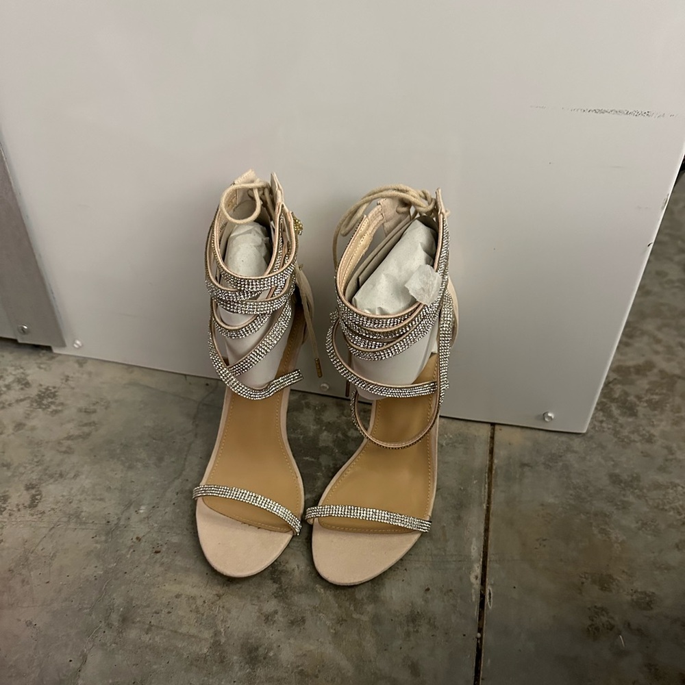 Shoe Dazzle Rhinestone Strappy Heels - Cream